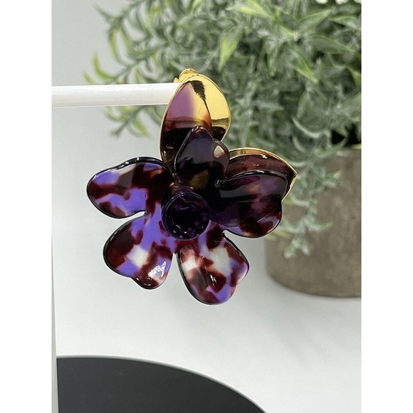 Kate Spade Large Purple Brown Floral PETAL PUSHER Gold Plated Statement Earring - Picture 5 of 15